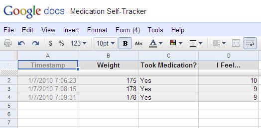 Medication tracking form with data